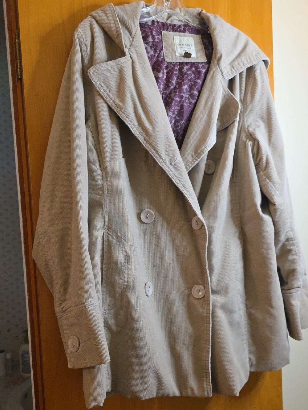Sonoma Beige Hooded Double-Breasted Corduroy Trench Coat